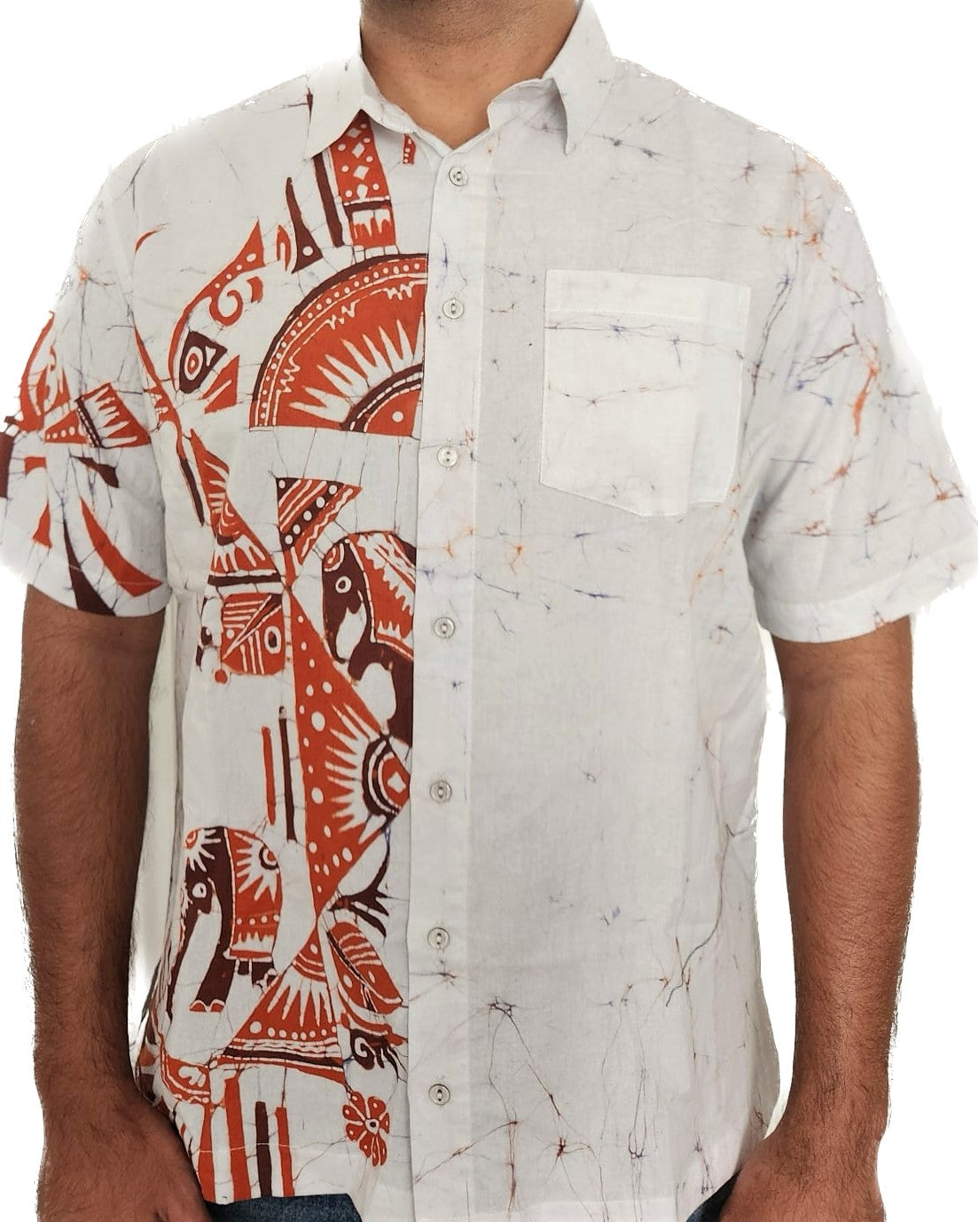 SH0010 - Orange & White Batik Shirt | Ceylon Batik | Hand Made | Men's Collection | Cotton Shirt | Summer Wear