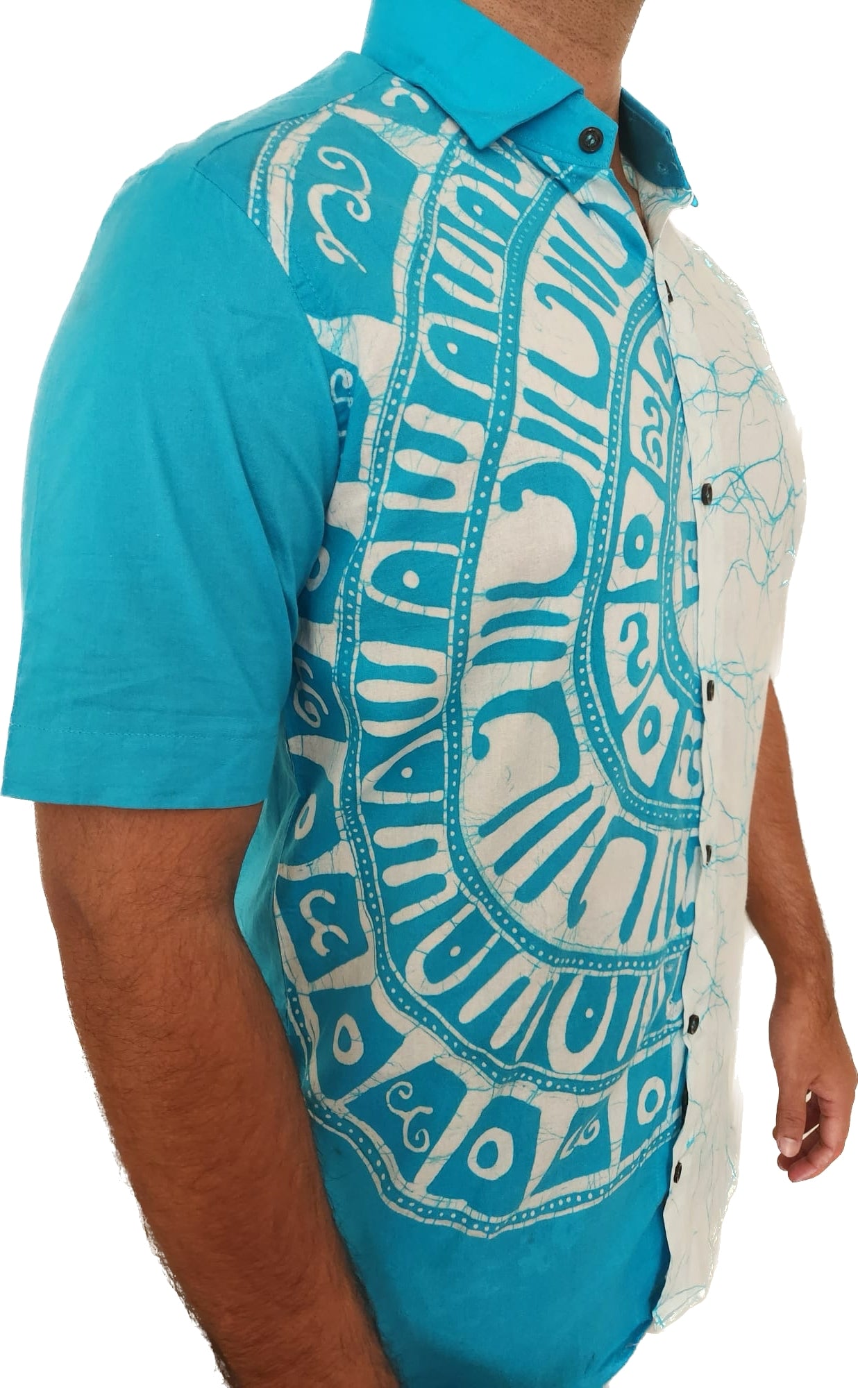 SH0005 - White & Sky Blue Batik Shirt | Ceylon Batik | Hand Made | Men's Collection | Cotton Shirt | Summer Wear
