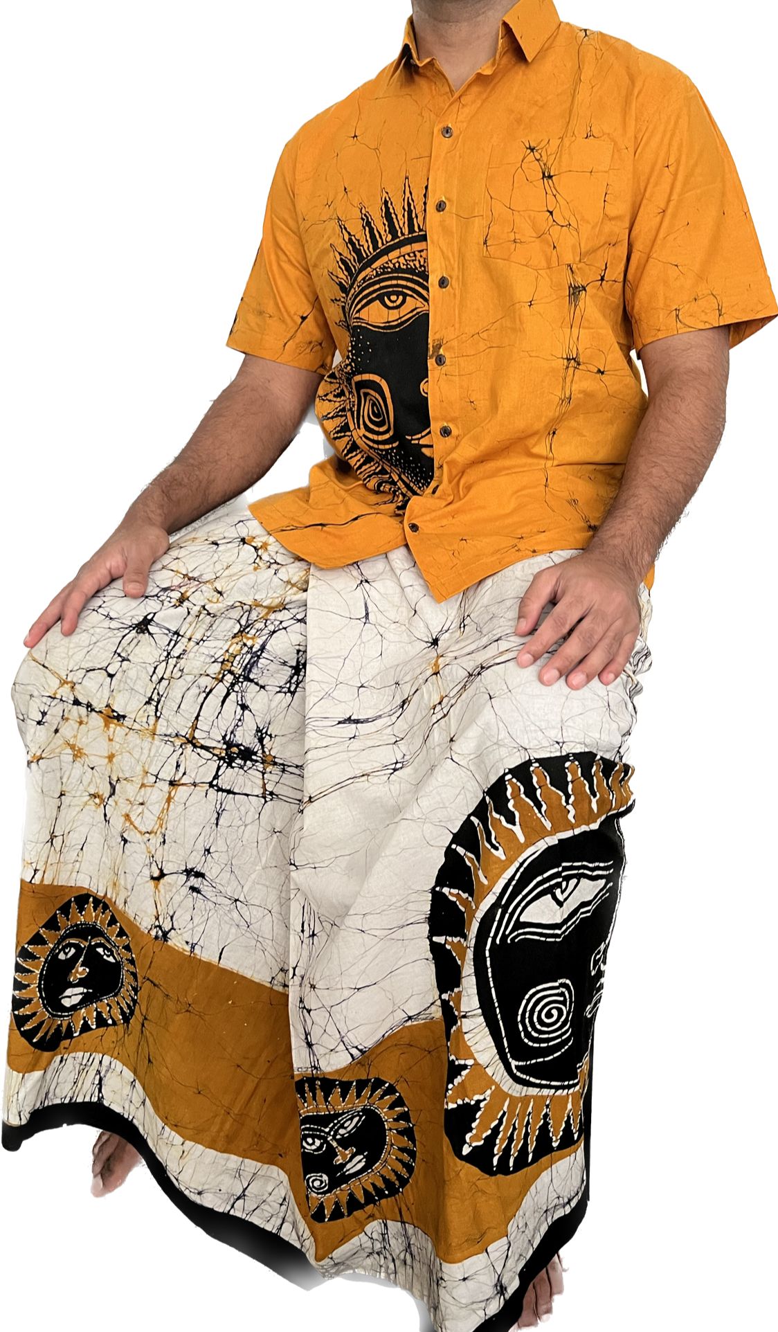 SH0014 - Classic Yellow Shirt & Sarong kit with Batik designed Sun | Ceylon Batik | Hand Made | Men's Collection | Cotton Shirt | Summer Wear | Party Wear |