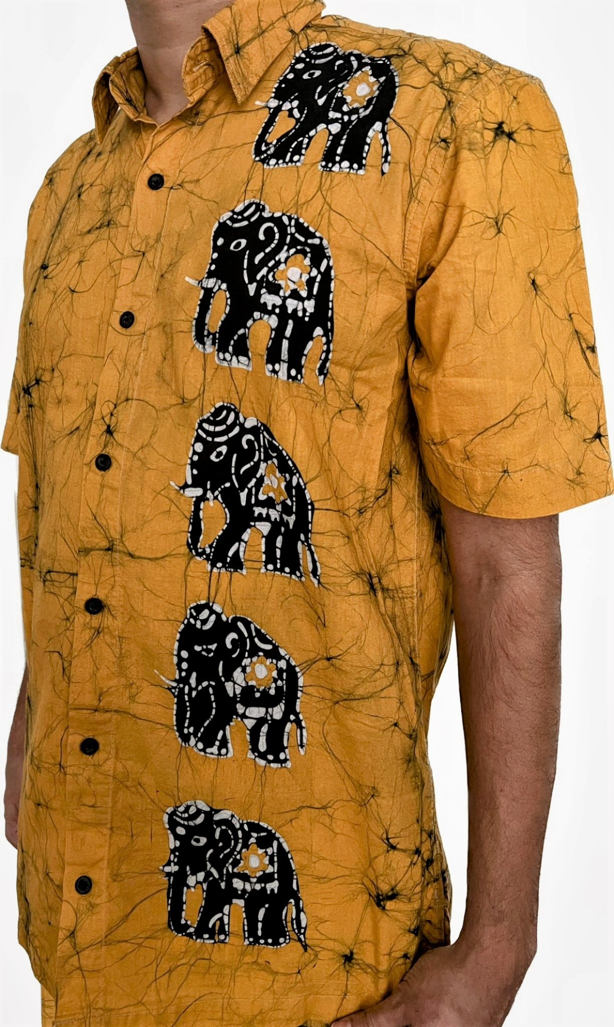 SH0015 - Classic Yellow Shirt & Sarong kit with Batik designed Elephants | Ceylon Batik | Hand Made | Men's Collection | Cotton Shirt | Summer Wear | Party Wear |
