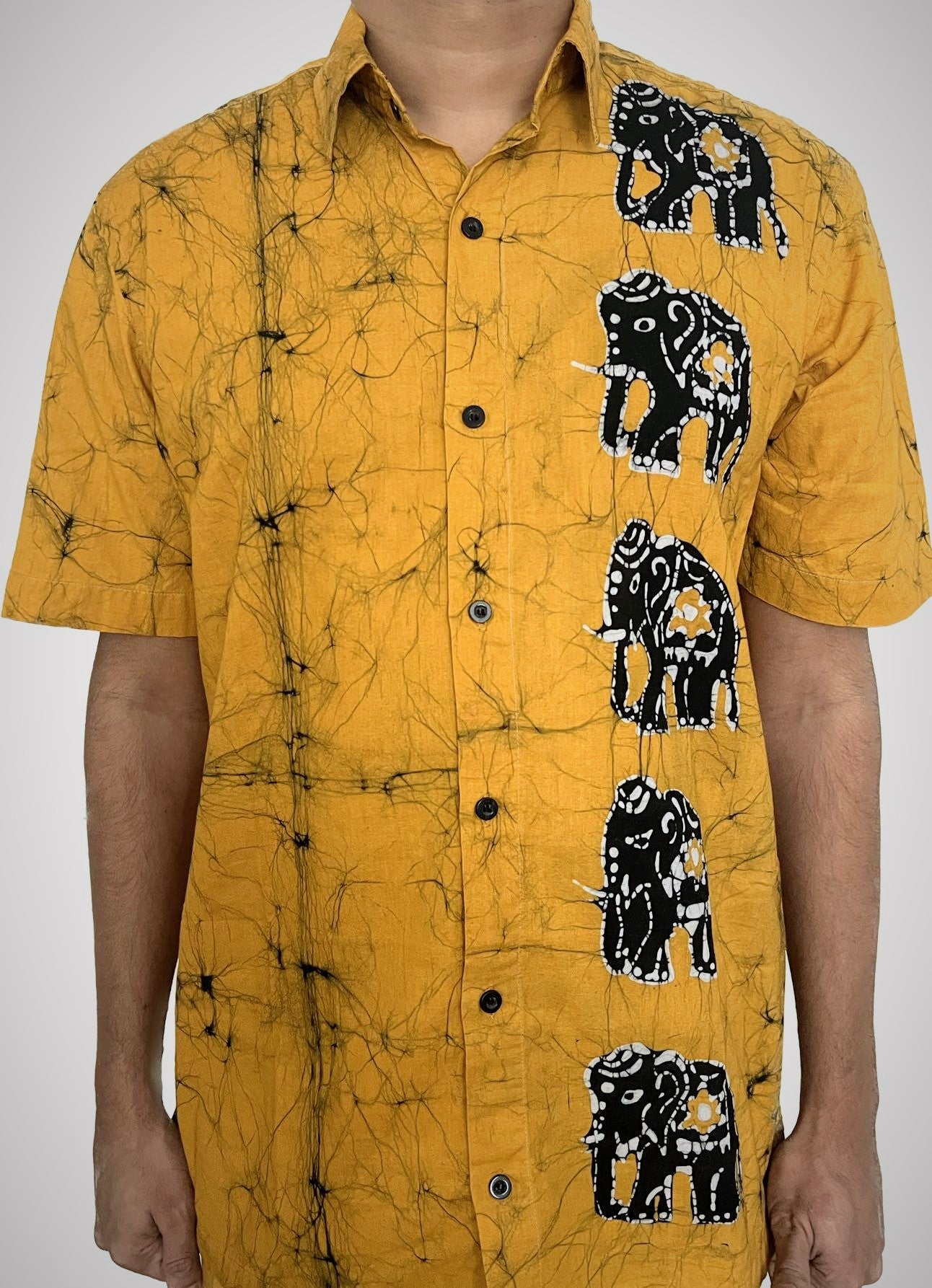 SH0015 - Classic Yellow Shirt & Sarong kit with Batik designed Elephants | Ceylon Batik | Hand Made | Men's Collection | Cotton Shirt | Summer Wear | Party Wear |