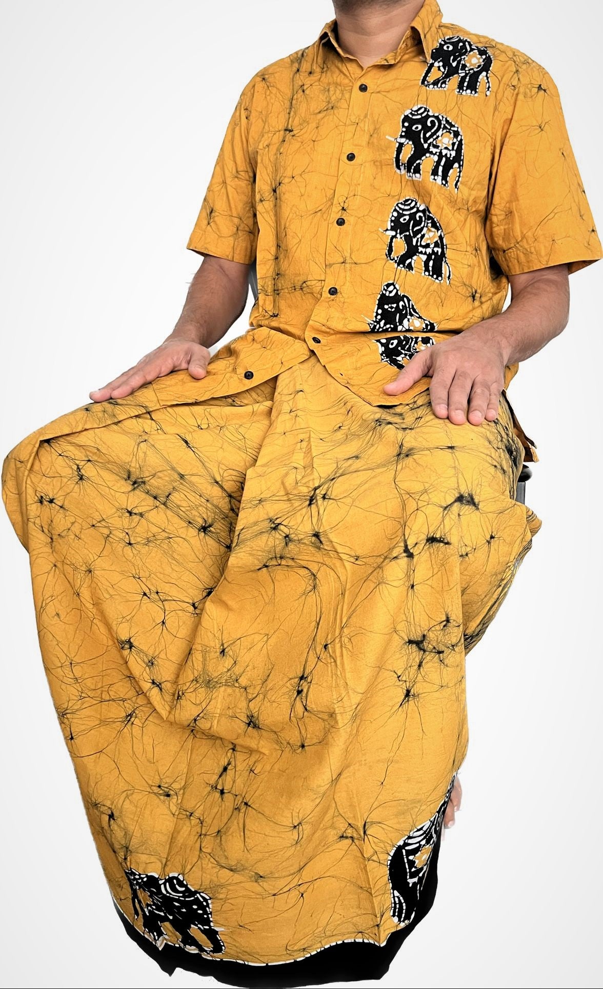 SH0015 - Classic Yellow Shirt & Sarong kit with Batik designed Elephants | Ceylon Batik | Hand Made | Men's Collection | Cotton Shirt | Summer Wear | Party Wear |