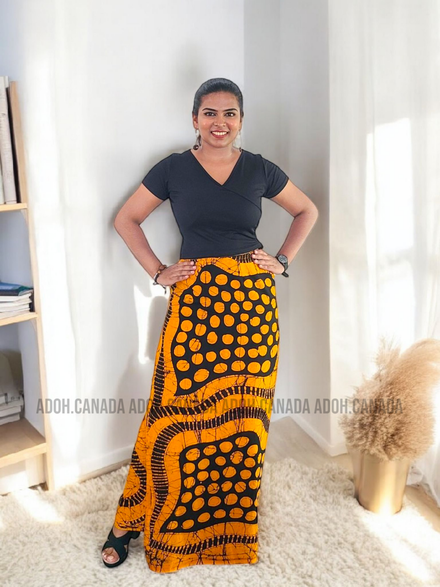 LU1235 - Orange with black designed Batik Lungi Skirt |Ceylon Batik | Hand Made | Summer Collection | Cotton Batik Lungi | Traditional Collection