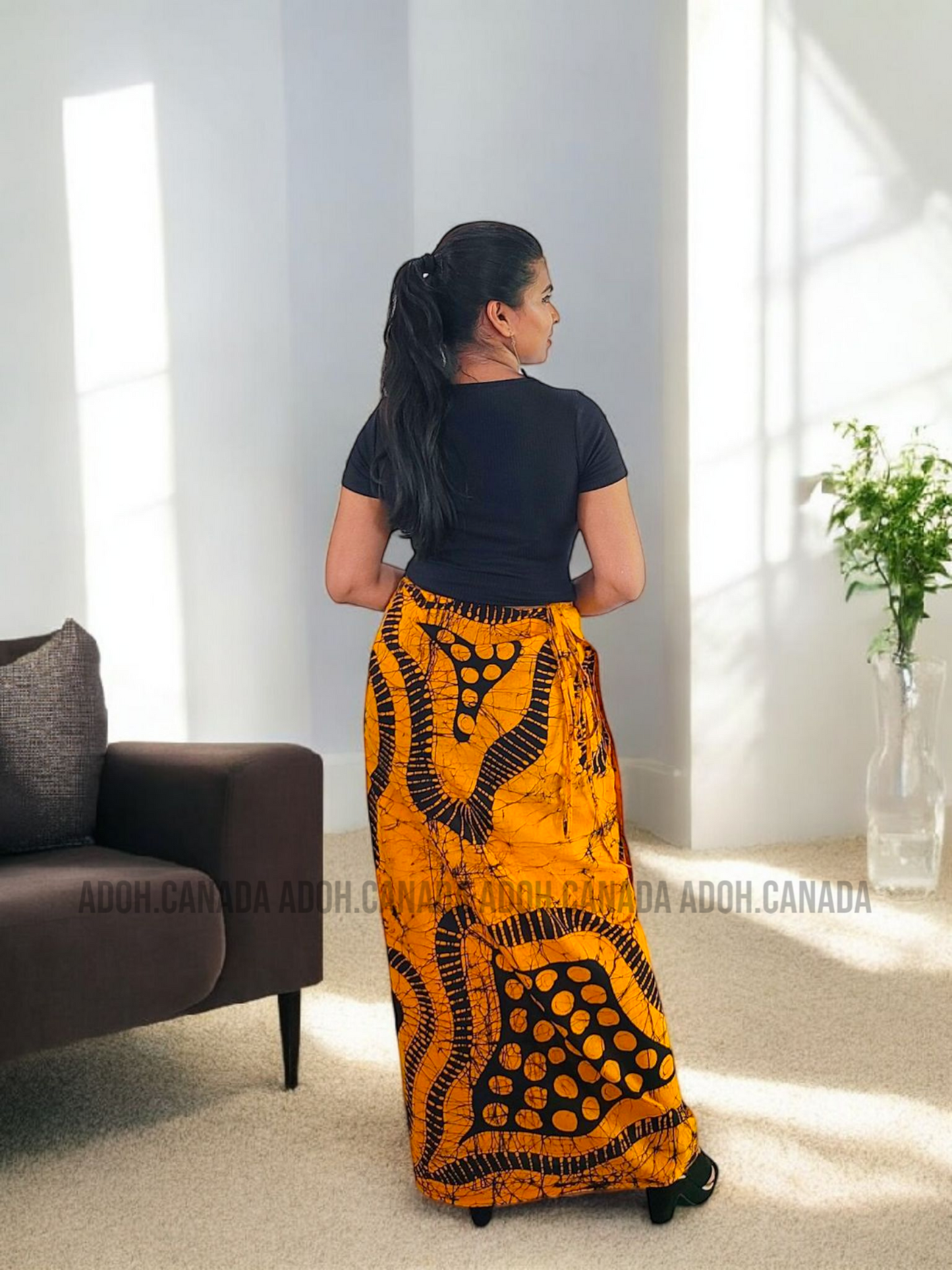 LU1235 - Orange with black designed Batik Lungi Skirt |Ceylon Batik | Hand Made | Summer Collection | Cotton Batik Lungi | Traditional Collection