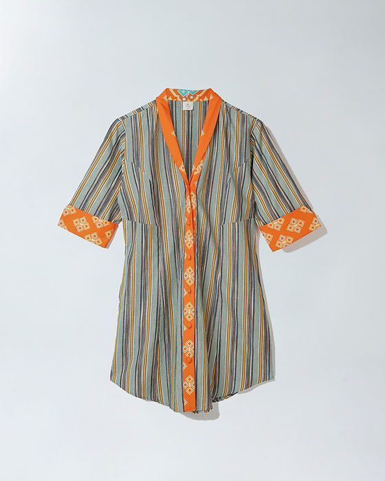 JSC001 - Dress Overshirt Lurik Orange Motif Accent | Sumba | Motif | Indonesian Collection | Lurik Tenun