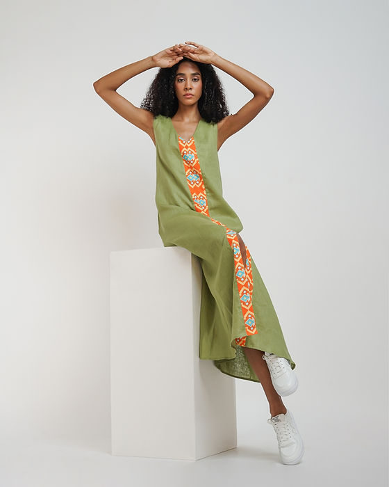 JSC006 - Green Maxi Dress Sleeveless | Sumba | Motif | Indonesian Collection | Irish Linen