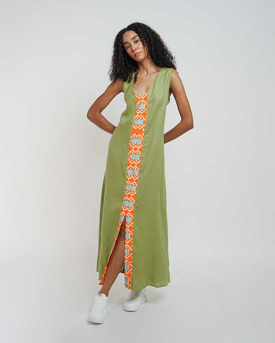 JSC006 - Green Maxi Dress Sleeveless | Sumba | Motif | Indonesian Collection | Irish Linen