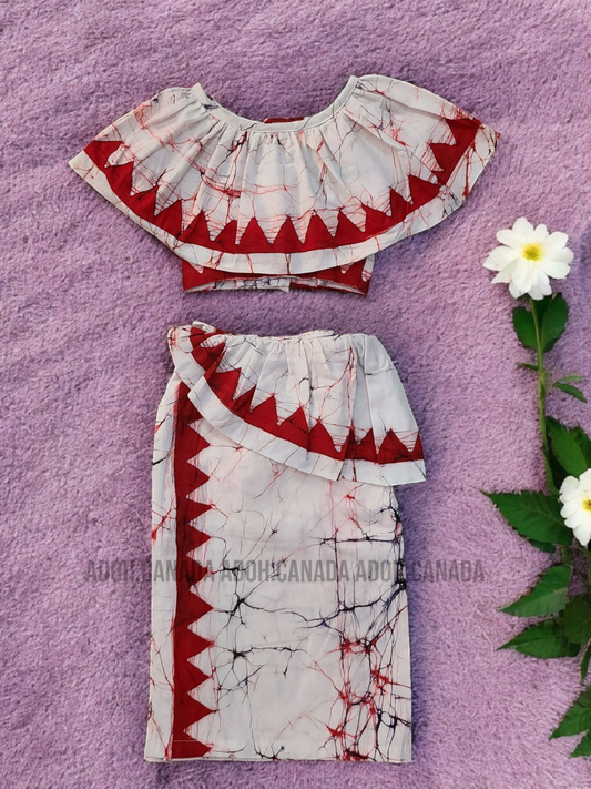 KG0015 - White with red cracks Lama Saree ( Kids Redda Hatte)| Ceylon Batik | Hand Made | Kids Collection | Summer Collection | Cotton Lama Saree | Kids Redda Hatte | Casual wear