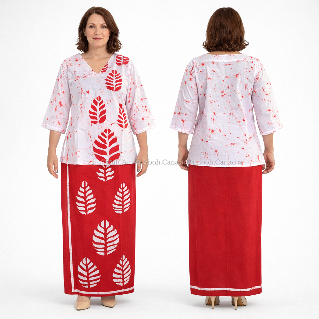 LU1614/LB1541 - White with Red leafy designed Batik Lungi Skirt and Blouse |Ceylon Batik | Hand Made | Summer Collection | Cotton Batik Lungi | Batik Blouse|Traditional Collection