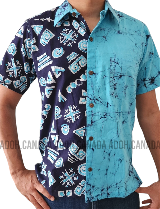 SH1150 - Light Blue and Dark Blue Batik Shirt | Ceylon Batik | Hand Made | Men's Collection | Cotton Shirt | Summer Wear