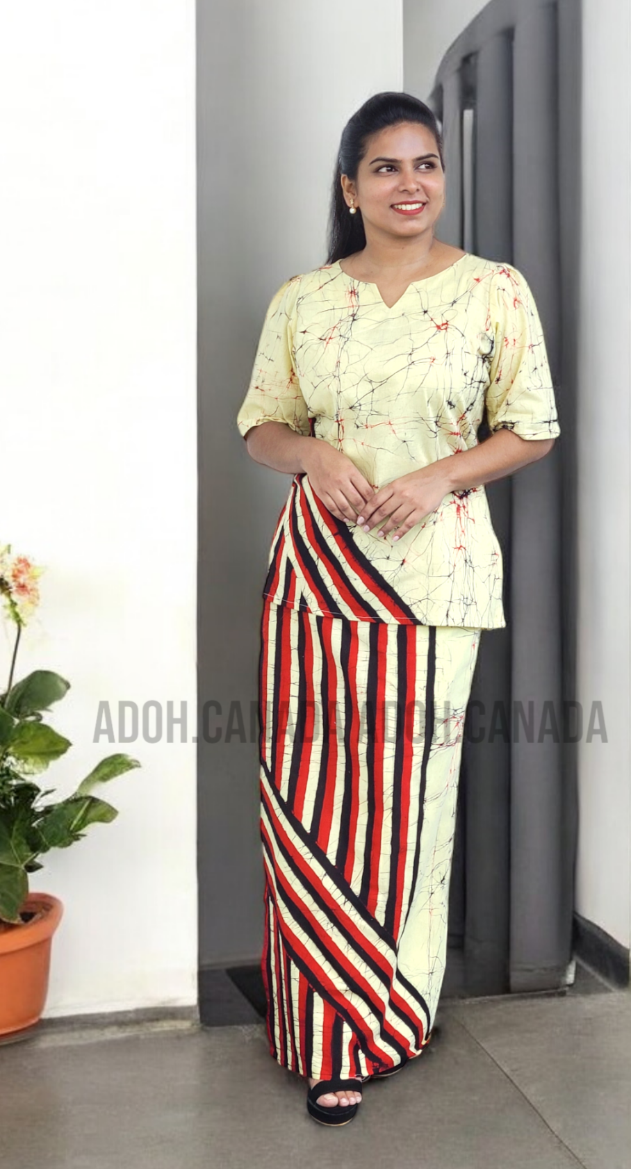 LU1233 - Light yellow with black and red designed Batik Lungi Skirt and Top|Ceylon Batik | Hand Made | Summer Collection | Cotton Batik Lungi | Traditional Collection