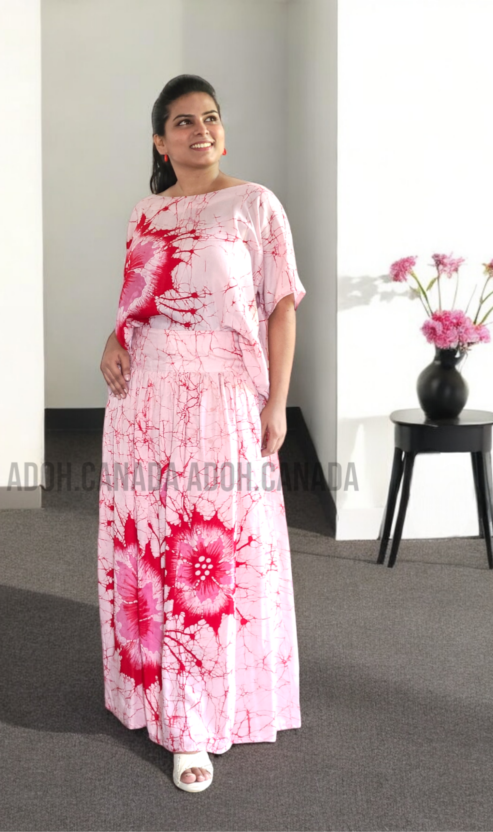 CC1208 - Pink and Hot Pink Floral Designed Long Batik Skirt and Top| Ceylon Batik | Hand Made | Summer Collection | Batik Skirt and Top | Summer Wear