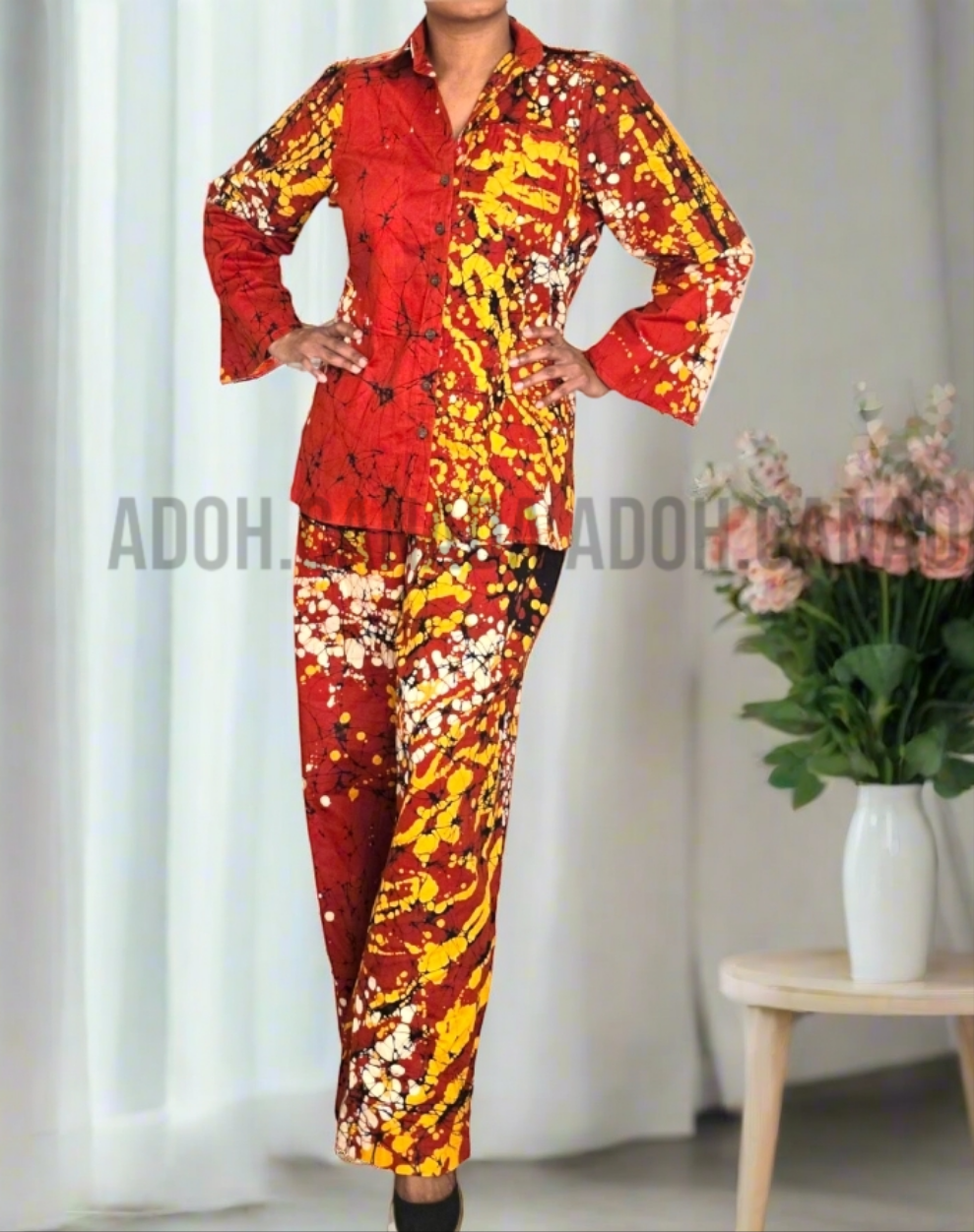 CC1210 - Red and yellow Batik Pant and Top | Ceylon Batik | Hand Made | Summer Collection | Cotton Pant | Summer Wear