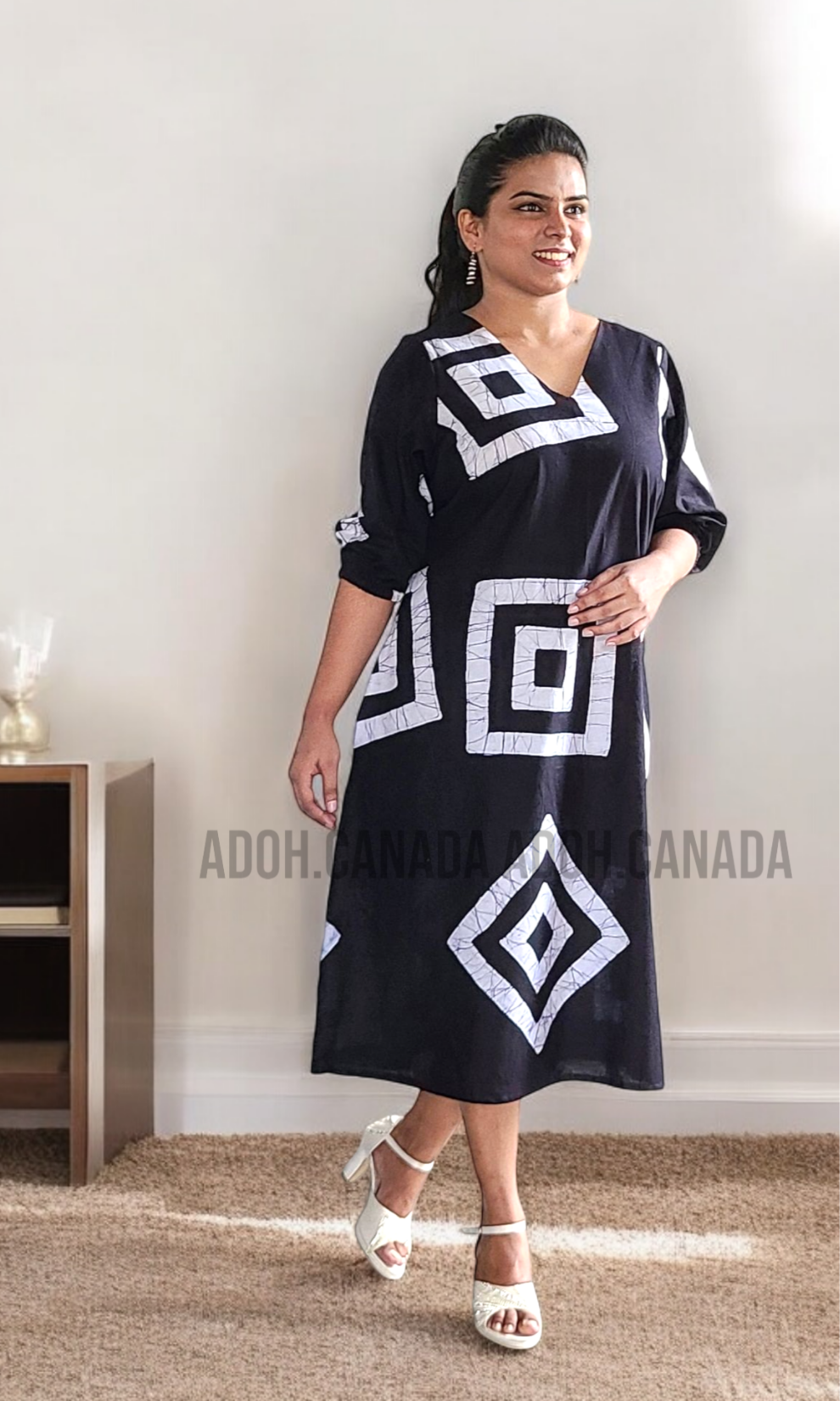 CC1217- Black Cotton Batik Dress with white square design | Ceylon Batik | Hand Made |Summer Collection | Cotton Dress | Summer wear