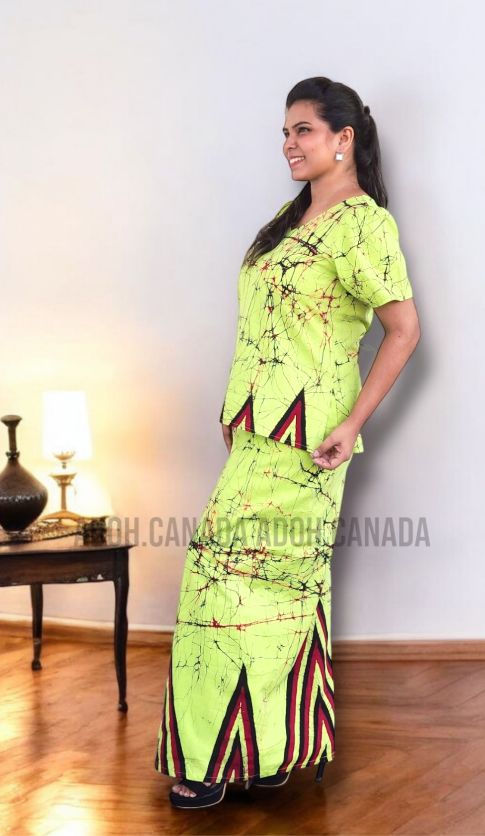 LU1231 - Mint Green with red and black designed Batik Lungi Skirt and Top|Ceylon Batik | Hand Made | Summer Collection | Cotton Batik Lungi | Traditional Collection