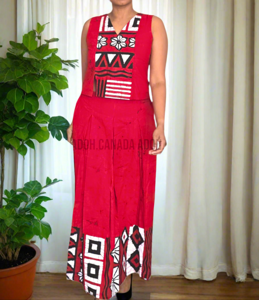 CC1176 - Red Batik Long Skirt & Top with black and white design| Ceylon Batik | Hand Made | Summer Collection | Cotton Dress | Summer Wear