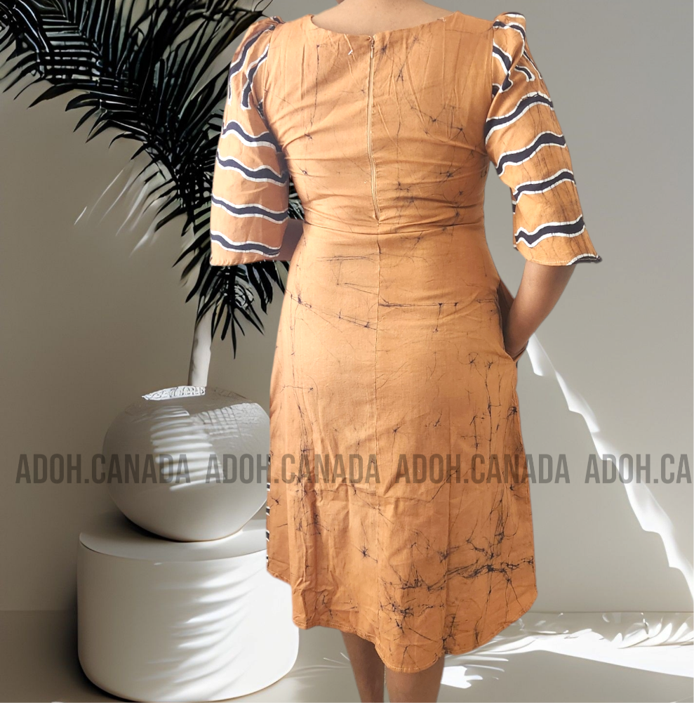 CC1142- Light brown Batik Dress with round designs and cracks | Ceylon Batik | Hand Made | Summer Collection | Cotton Dress | Summer Wear