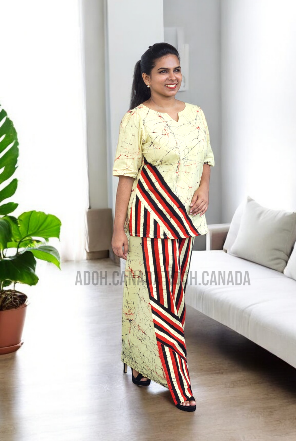 LU1233 - Light yellow with black and red designed Batik Lungi Skirt and Top|Ceylon Batik | Hand Made | Summer Collection | Cotton Batik Lungi | Traditional Collection