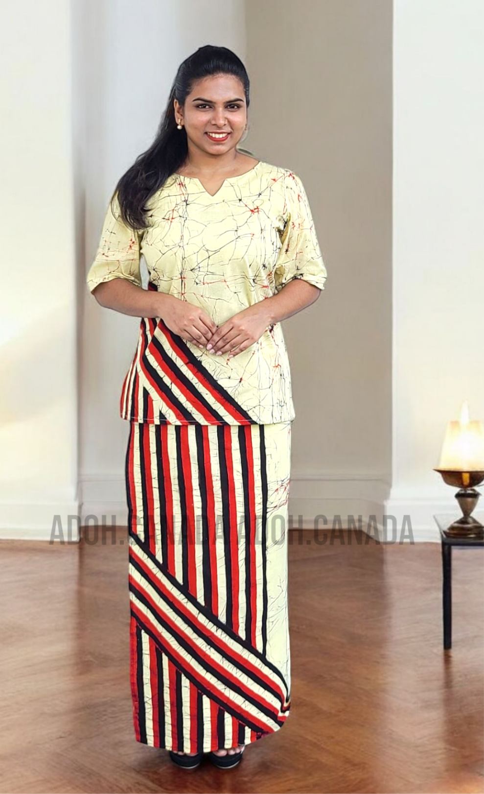 LU1233 - Light yellow with black and red designed Batik Lungi Skirt and Top|Ceylon Batik | Hand Made | Summer Collection | Cotton Batik Lungi | Traditional Collection