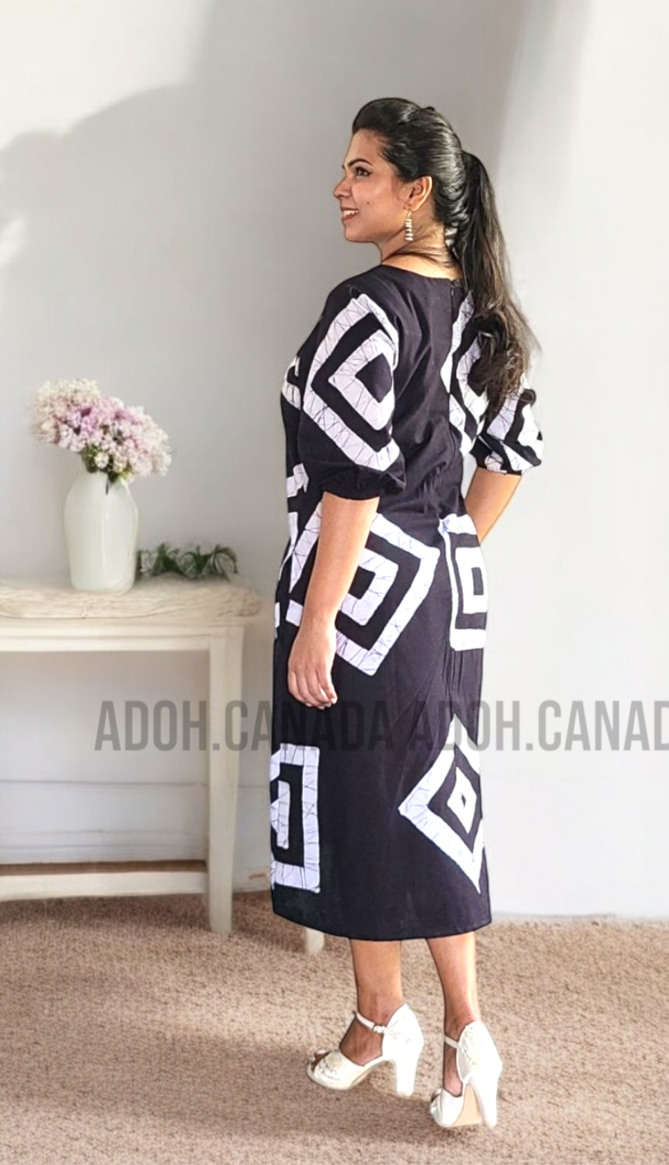 CC1217- Black Cotton Batik Dress with white square design | Ceylon Batik | Hand Made |Summer Collection | Cotton Dress | Summer wear