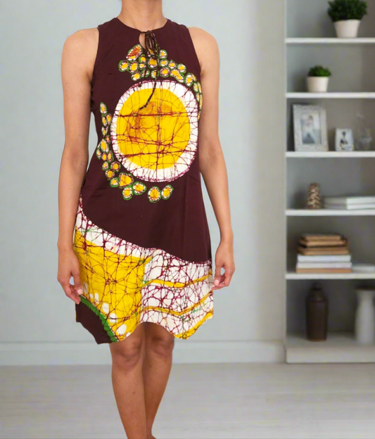 CC0542- Maroon Batik Dress with yellow design | Ceylon Batik | Hand Made | Summer Collection | Cotton Dress | Summer Wear