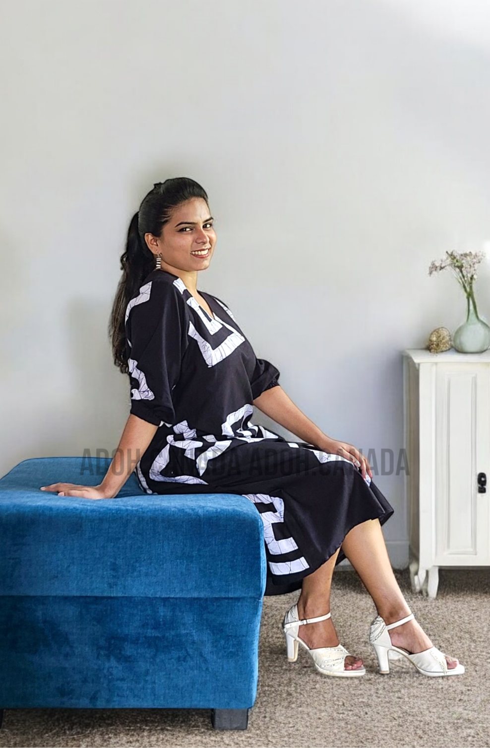 CC1217- Black Cotton Batik Dress with white square design | Ceylon Batik | Hand Made |Summer Collection | Cotton Dress | Summer wear