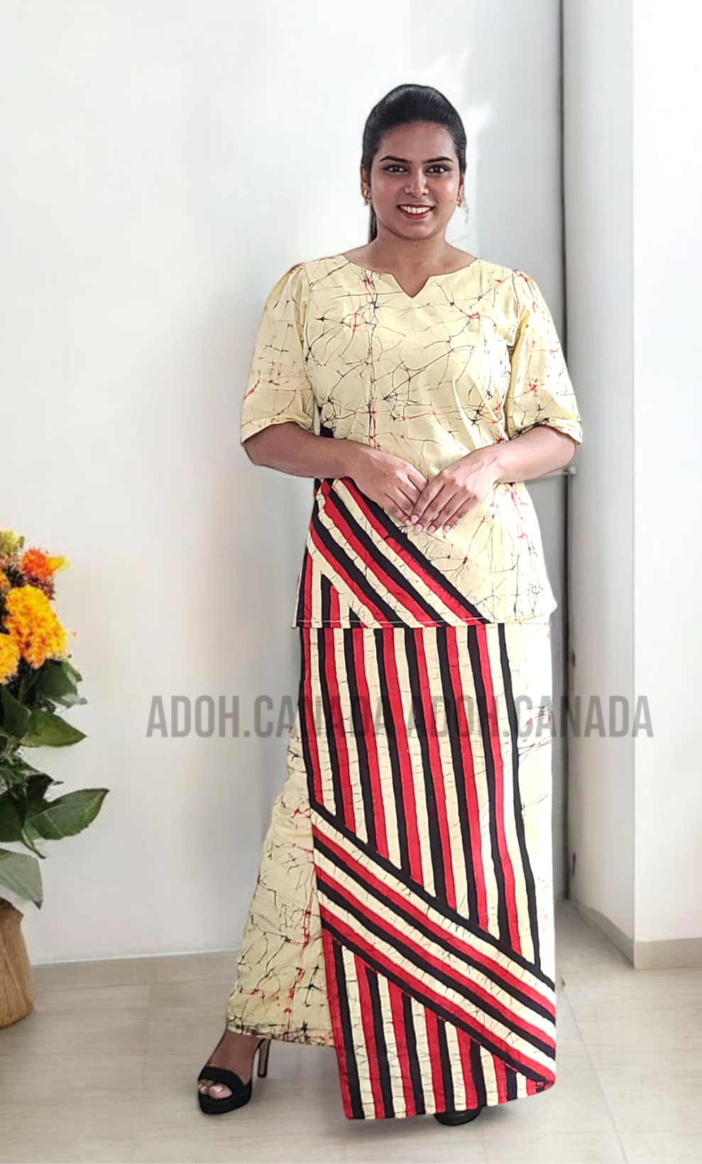 LU1233 - Light yellow with black and red designed Batik Lungi Skirt and Top|Ceylon Batik | Hand Made | Summer Collection | Cotton Batik Lungi | Traditional Collection