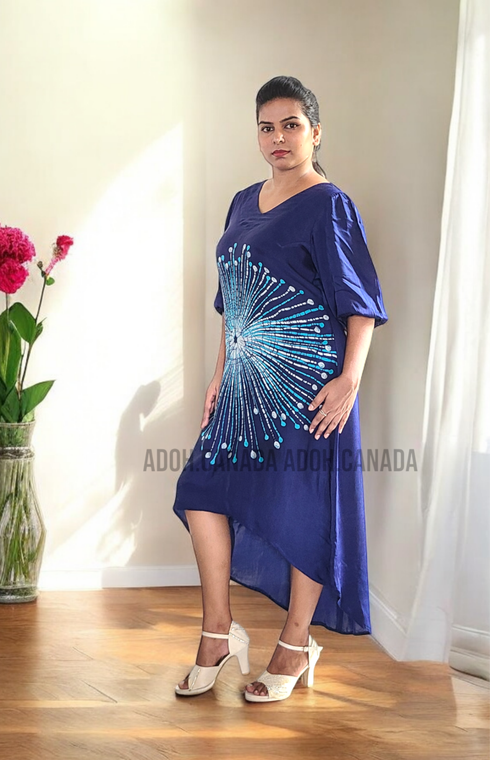 SC1200- Blue Silk Batik Dress with white design | Ceylon Batik | Hand Made |Exclusive Collection | Silk Dress | Party Wear