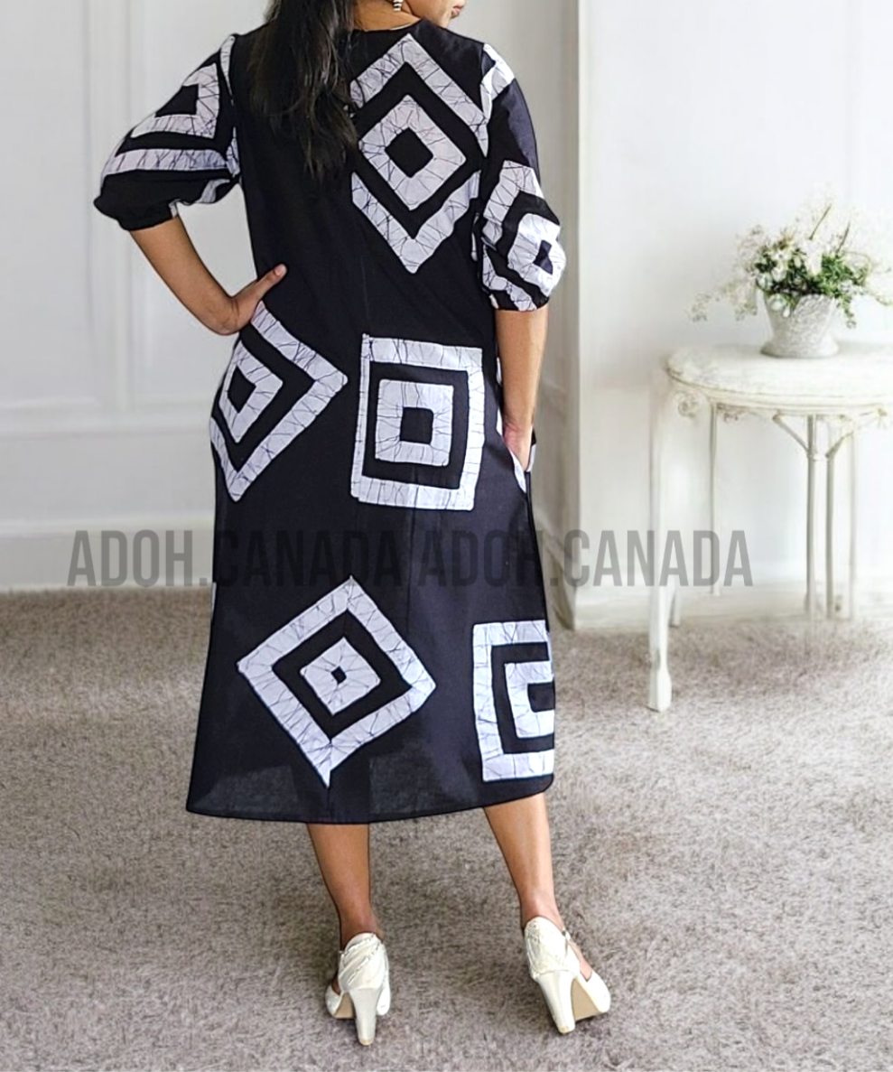 CC1217- Black Cotton Batik Dress with white square design | Ceylon Batik | Hand Made |Summer Collection | Cotton Dress | Summer wear