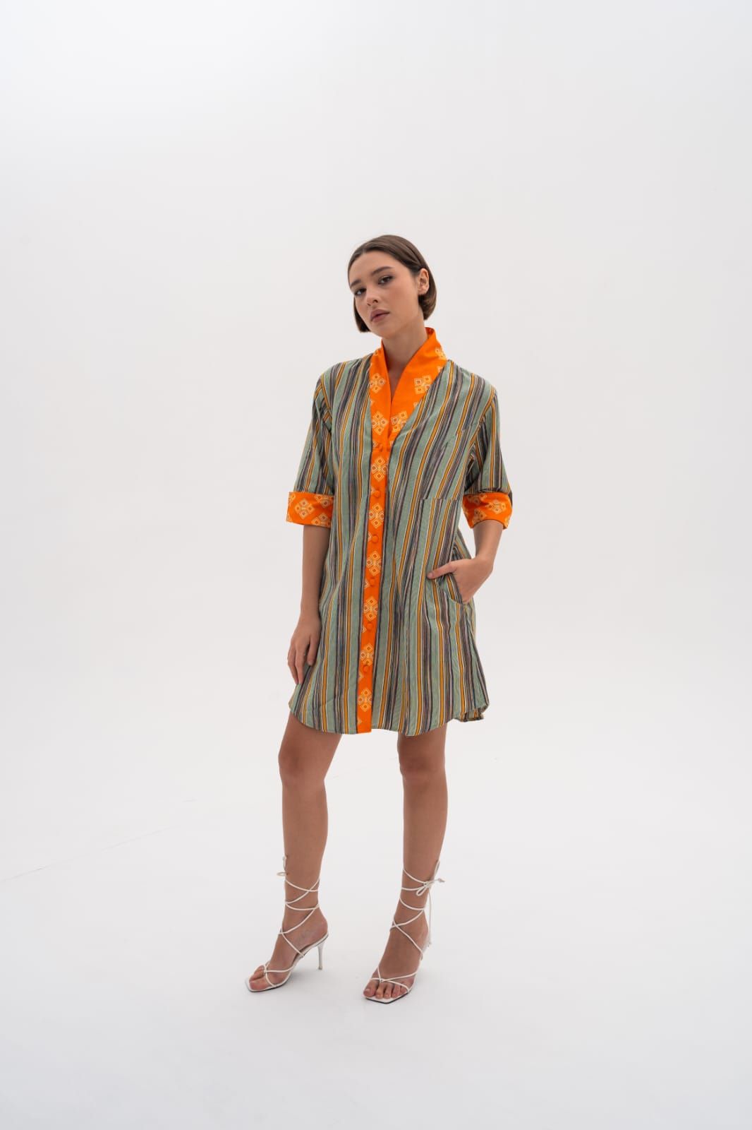 JSC001 - Dress Overshirt Lurik Orange Motif Accent | Sumba | Motif | Indonesian Collection | Lurik Tenun