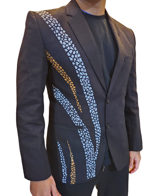 BL001 - Black Blazer with white and brown batik design /Batik Blazer /Gents Blazer /partywear/formal wear