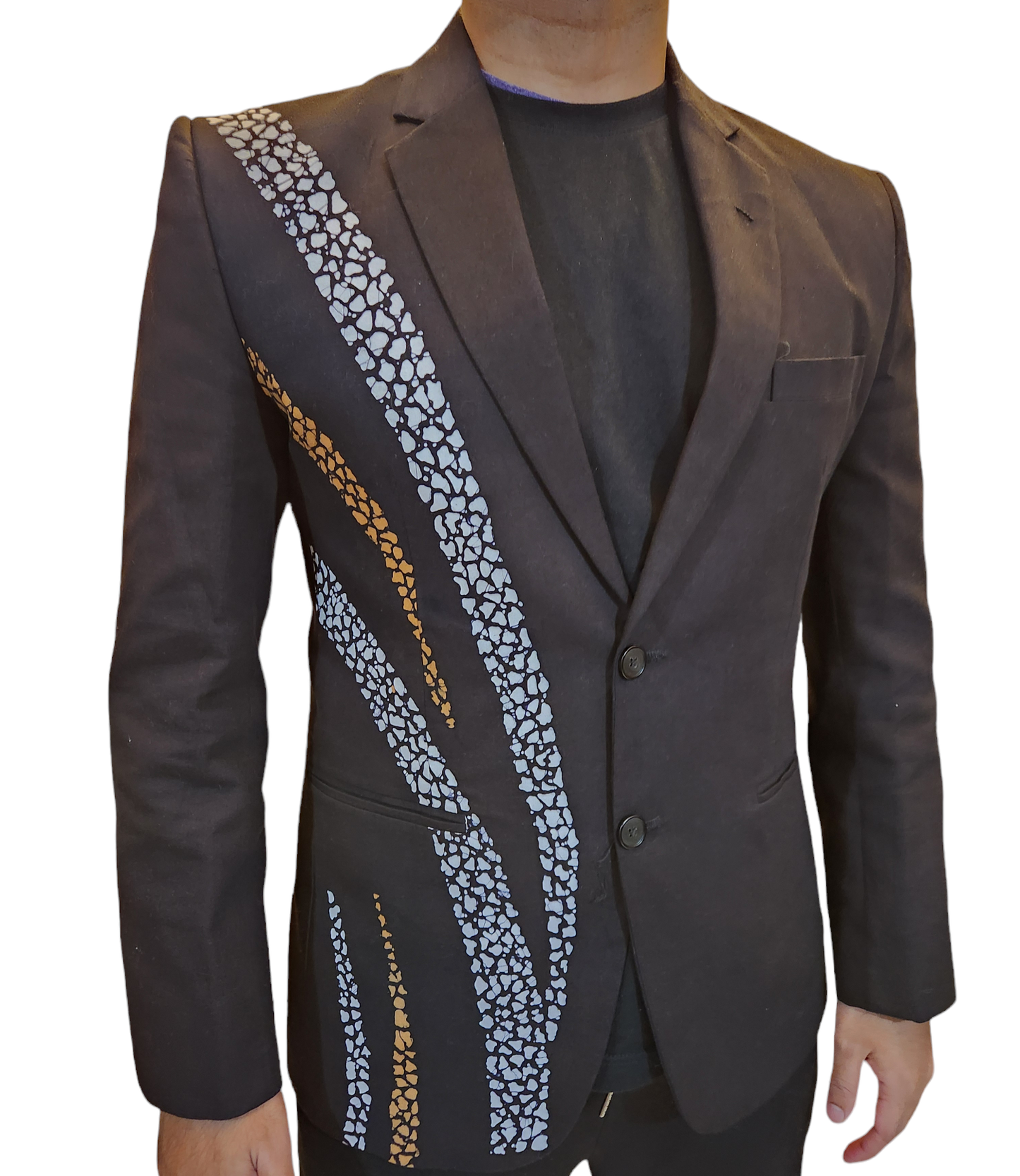 BL001 - Black Blazer with white and brown batik design /Batik Blazer /Gents Blazer /partywear/formal wear