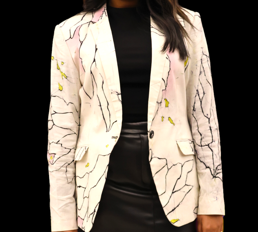 BL003 - White Blazer with abstract batik design/Batik Blazer /Women's Blazer /partywear/formal wear