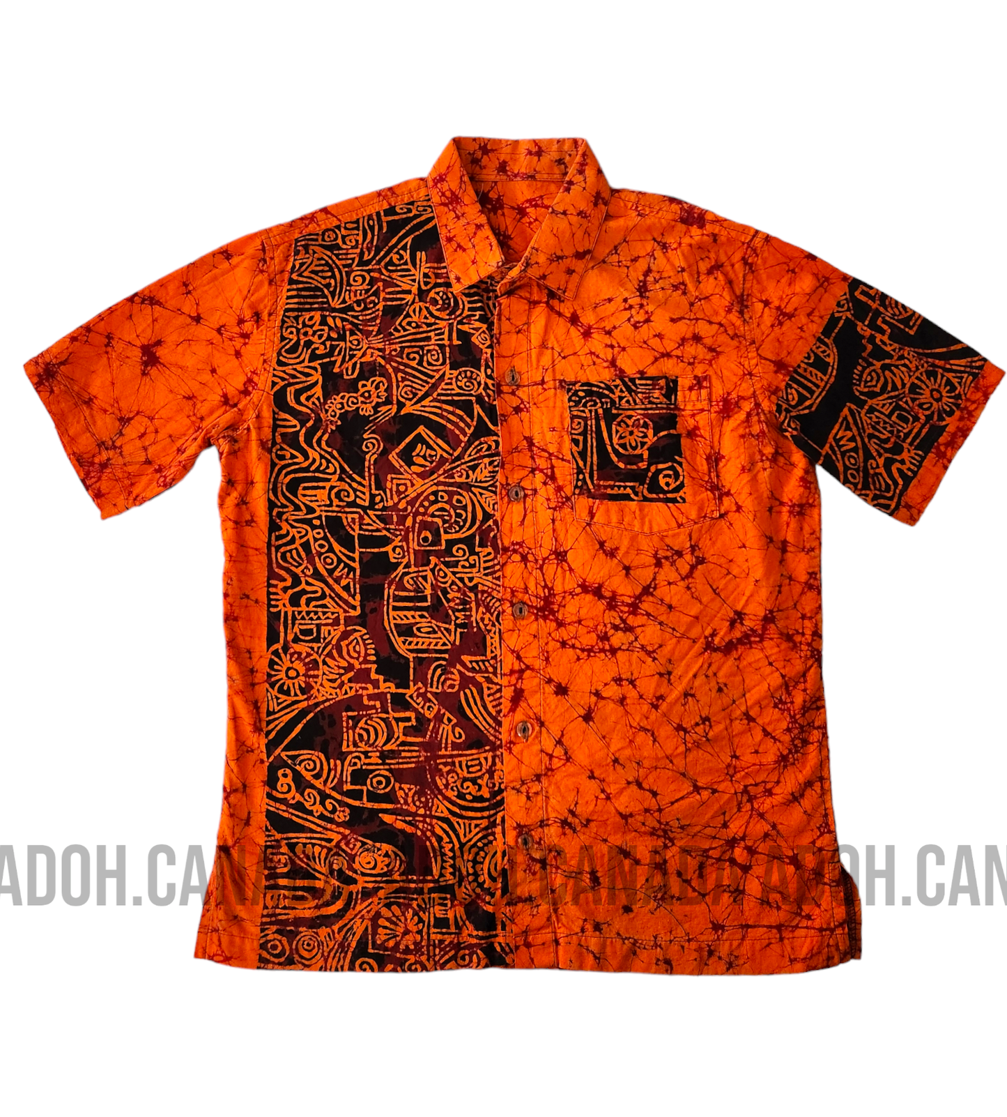 SH180 -Orange with Maroon Cracks with Black Design Batik Shirt | Ceylon Batik | Hand Made | Men's Collection | Cotton Shirt | Summer Wear