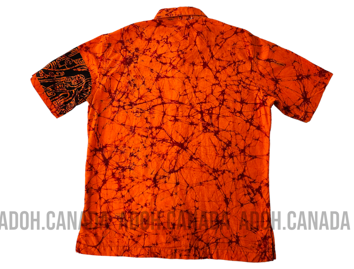 SH180 -Orange with Maroon Cracks with Black Design Batik Shirt | Ceylon Batik | Hand Made | Men's Collection | Cotton Shirt | Summer Wear