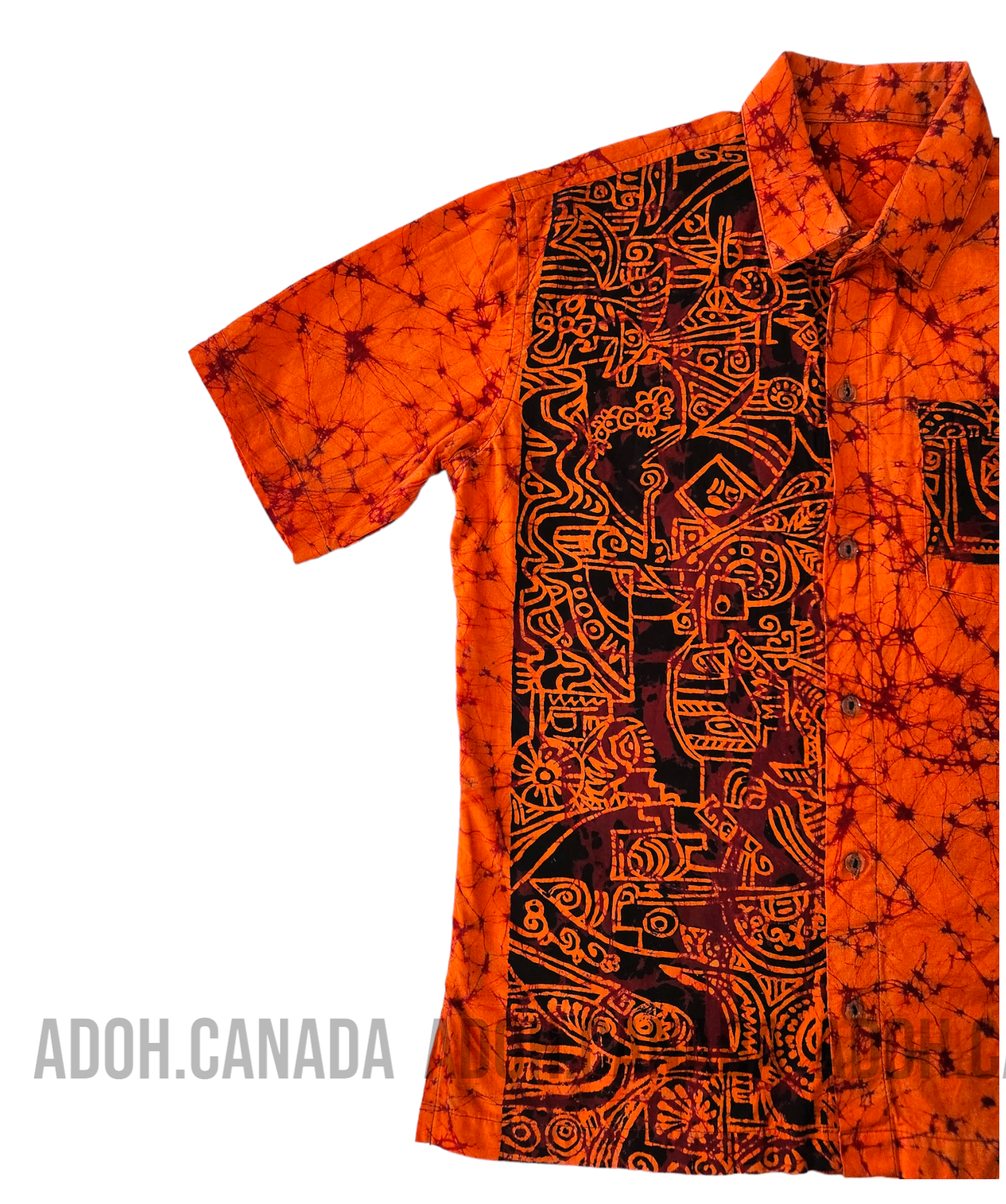 SH180 -Orange with Maroon Cracks with Black Design Batik Shirt | Ceylon Batik | Hand Made | Men's Collection | Cotton Shirt | Summer Wear