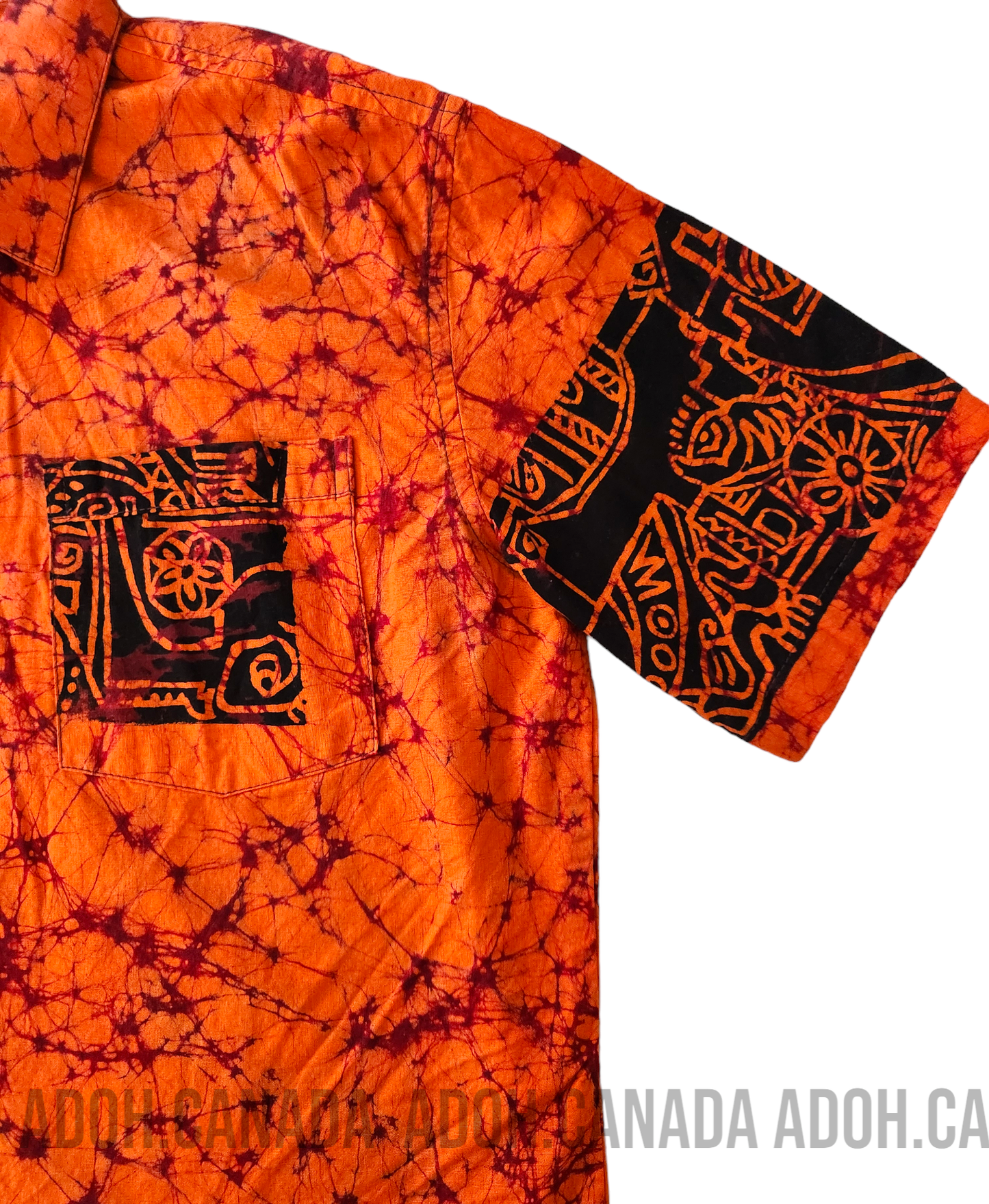 SH180 -Orange with Maroon Cracks with Black Design Batik Shirt | Ceylon Batik | Hand Made | Men's Collection | Cotton Shirt | Summer Wear