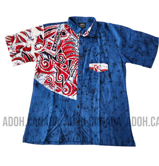 SH703 - Dull Blue with Red and white Design Batik Shirt | Ceylon Batik | Hand Made | Men's Collection | Cotton Shirt | Summer Wear