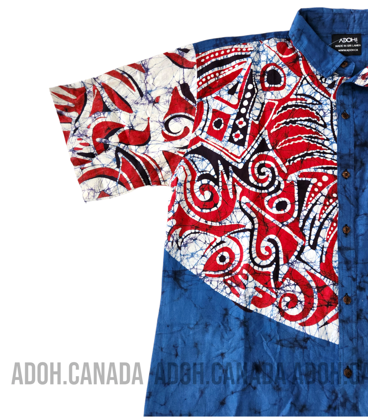 SH703 - Dull Blue with Red and white Design Batik Shirt | Ceylon Batik | Hand Made | Men's Collection | Cotton Shirt | Summer Wear