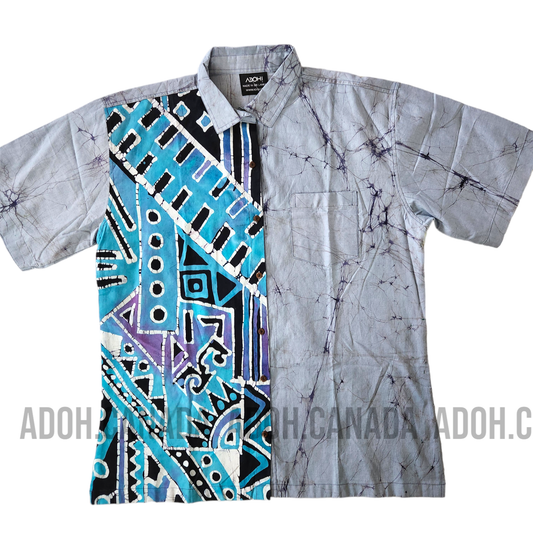 SH702 - Gray Shirt with Blue and Black Design Batik Shirt | Ceylon Batik | Hand Made | Men's Collection | Cotton Shirt | Summer Wear