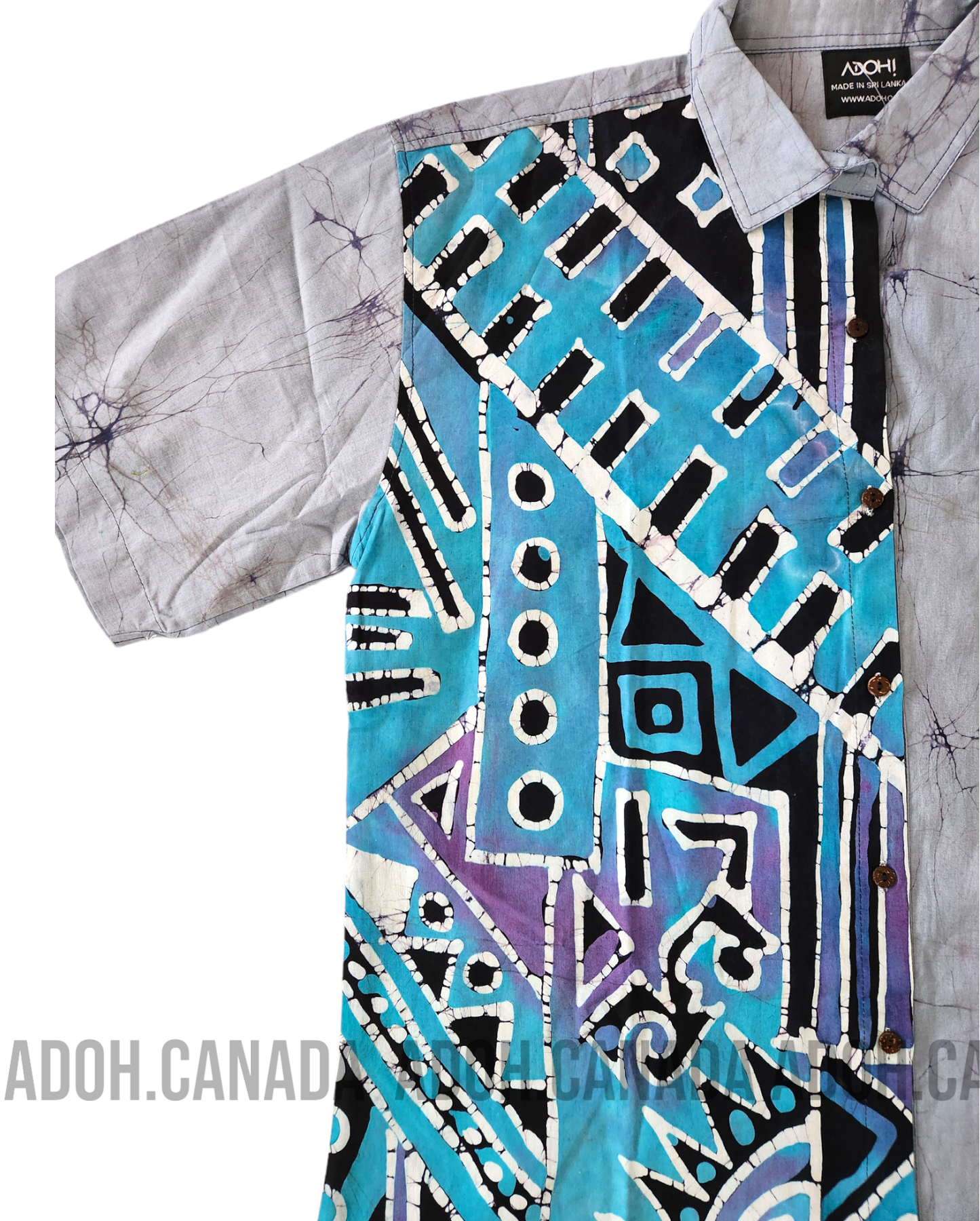 SH702 - Gray Shirt with Blue and Black Design Batik Shirt | Ceylon Batik | Hand Made | Men's Collection | Cotton Shirt | Summer Wear