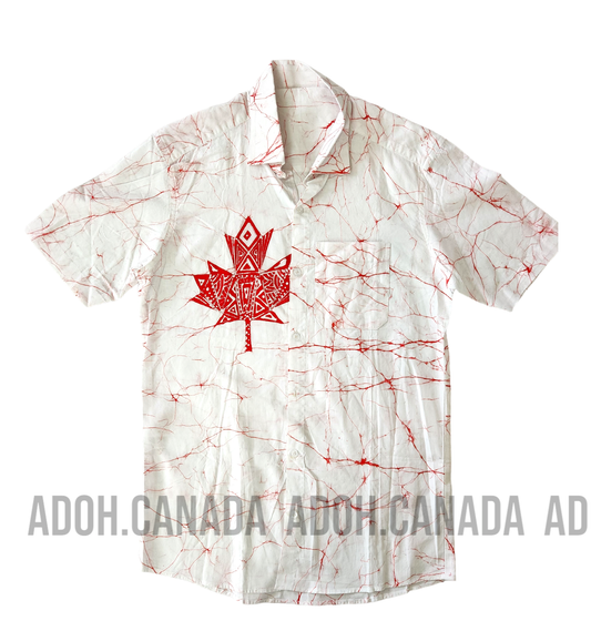 SH007 - White with Red Cracks with Maple leaf Batik Shirt|Canada Day | Ceylon Batik | Hand Made | Men's Collection | Cotton Shirt | Summer Wear