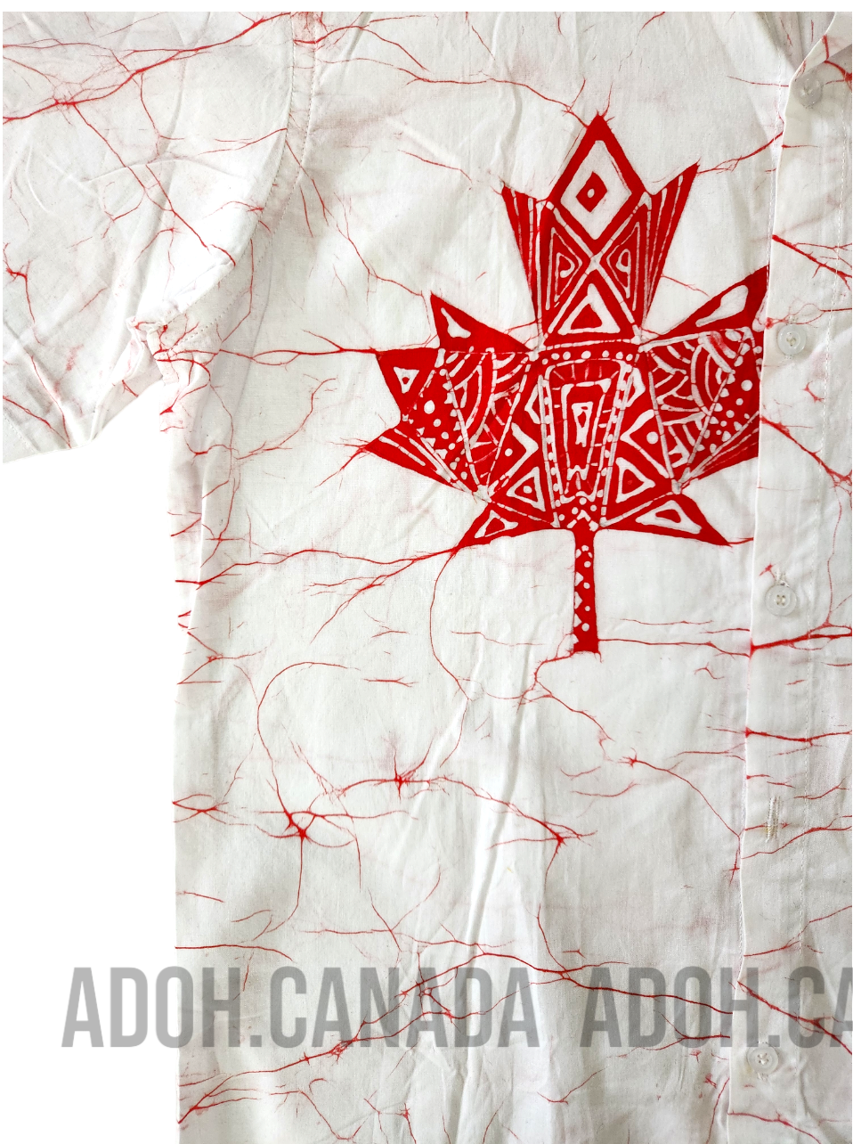 SH007 - White with Red Cracks with Maple leaf Batik Shirt|Canada Day | Ceylon Batik | Hand Made | Men's Collection | Cotton Shirt | Summer Wear