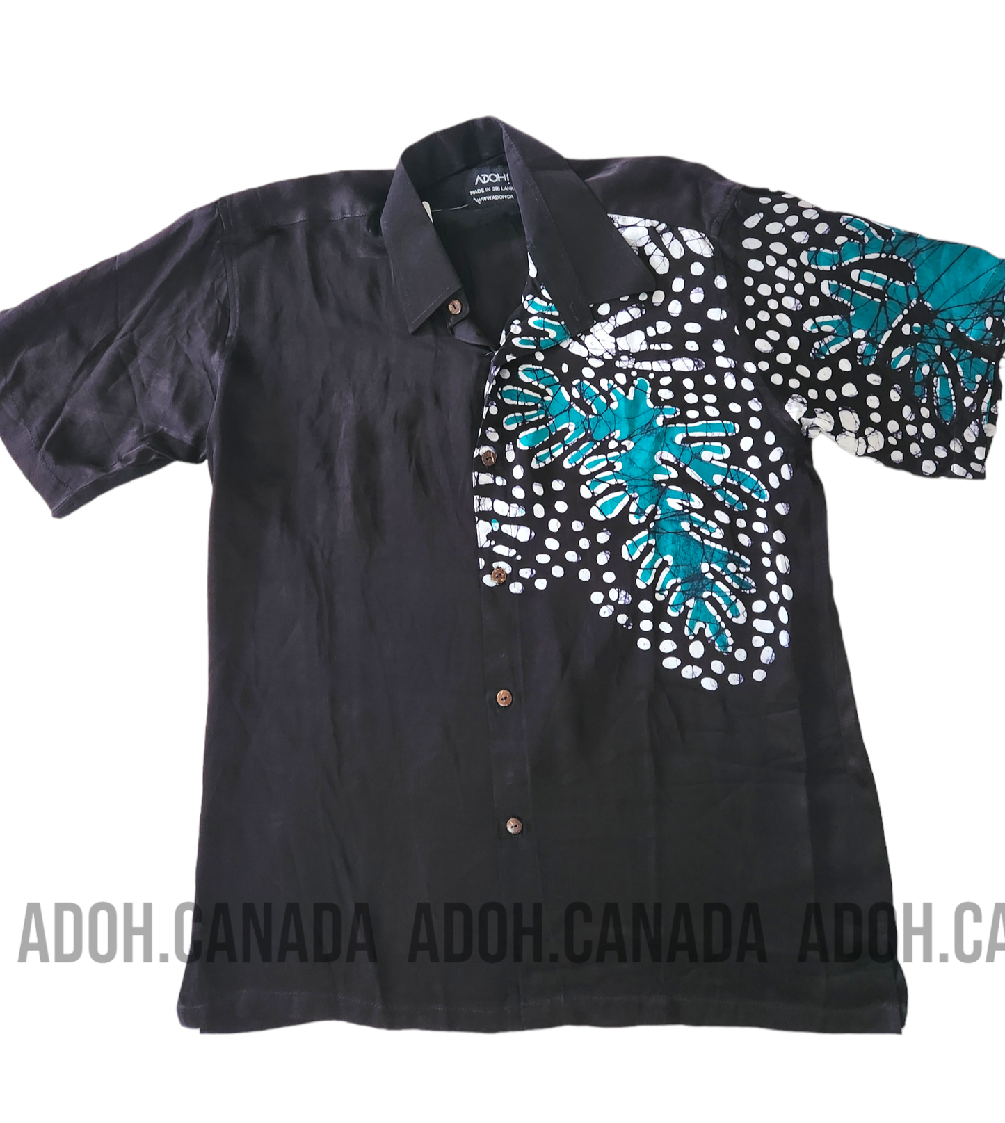 SSH623 - Black Silk Shirt with Green and White Design | Ceylon Batik | Hand Made | Men's Collection | Silk Shirt | Summer Wear | Party Wear