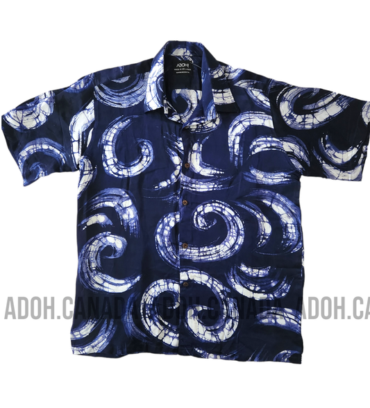 SSH624 - Dark Blue Silk Shirt with White Design | Ceylon Batik | Hand Made | Men's Collection | Silk Shirt | Summer Wear | Party Wear