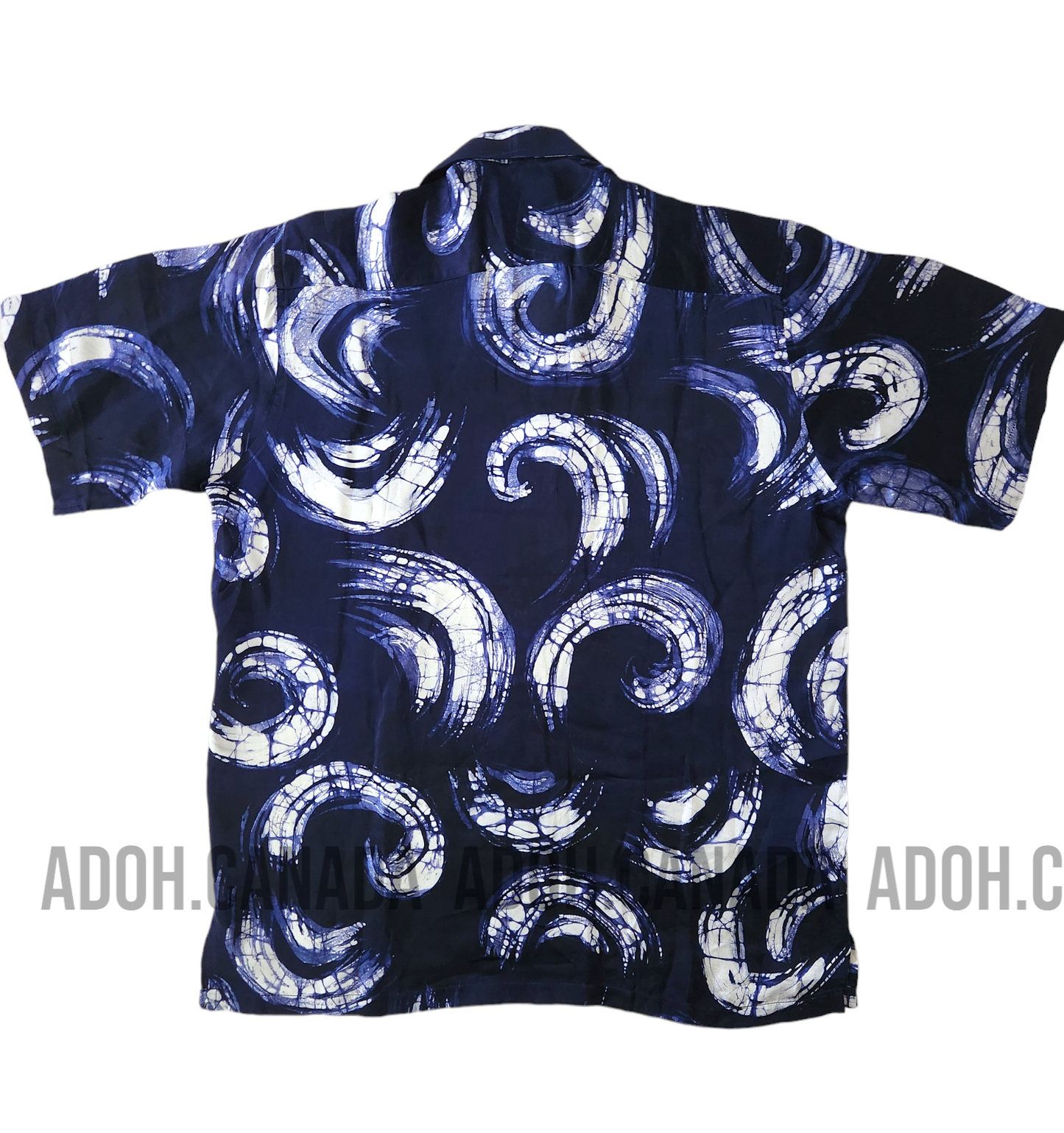 SSH624 - Dark Blue Silk Shirt with White Design | Ceylon Batik | Hand Made | Men's Collection | Silk Shirt | Summer Wear | Party Wear