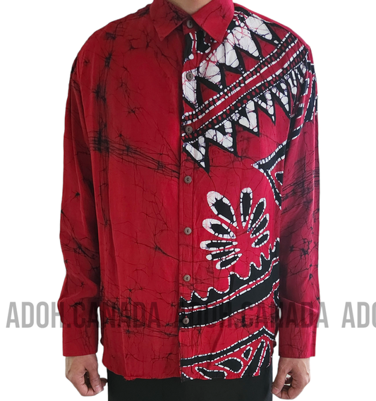 SSH653 - Red Silk Shirt with Black & White Design | Ceylon Batik | Hand Made | Men's Collection | Silk Shirt | Summer Wear | Party Wear