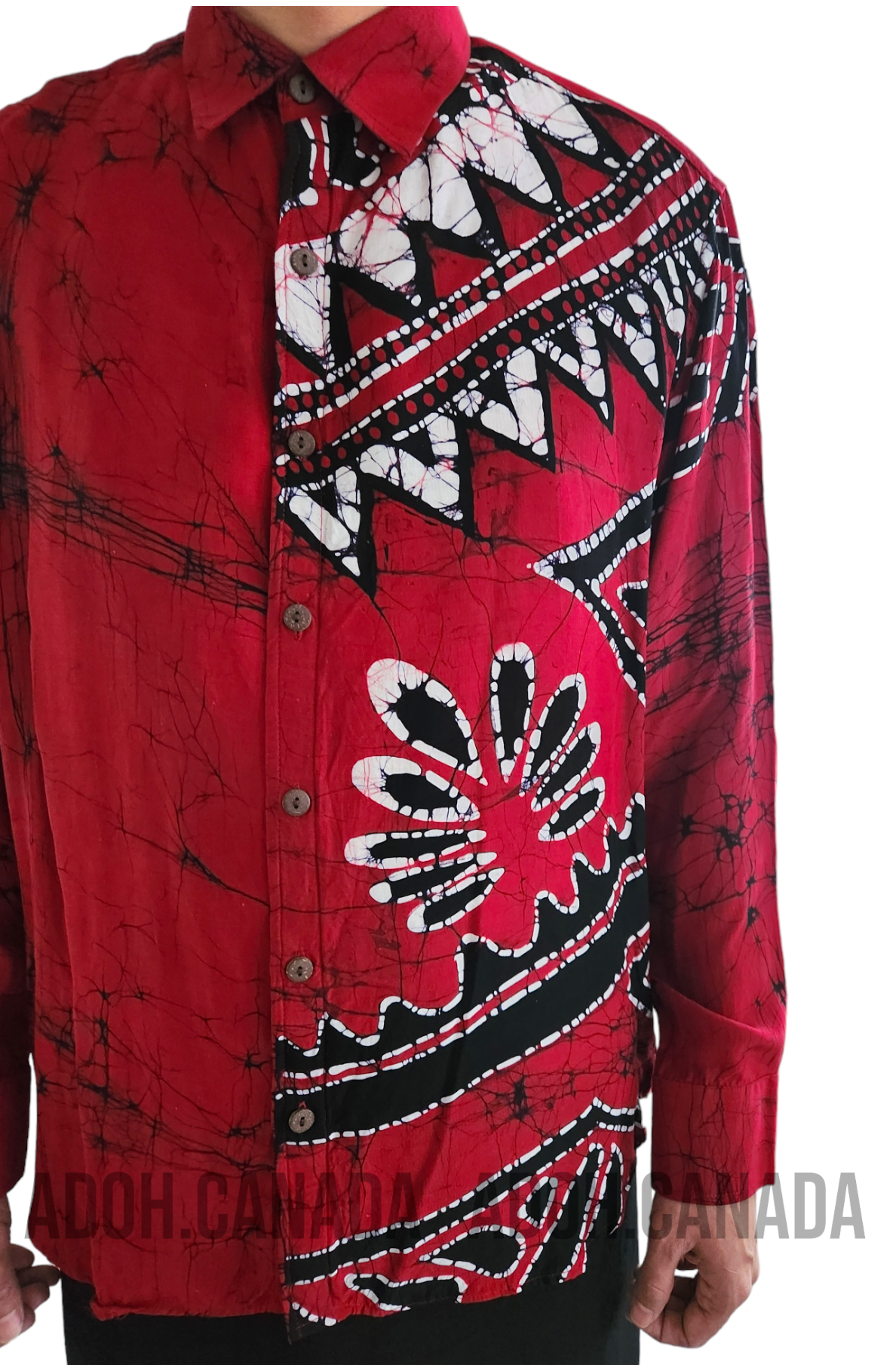 SSH653 - Red Silk Shirt with Black & White Design | Ceylon Batik | Hand Made | Men's Collection | Silk Shirt | Summer Wear | Party Wear