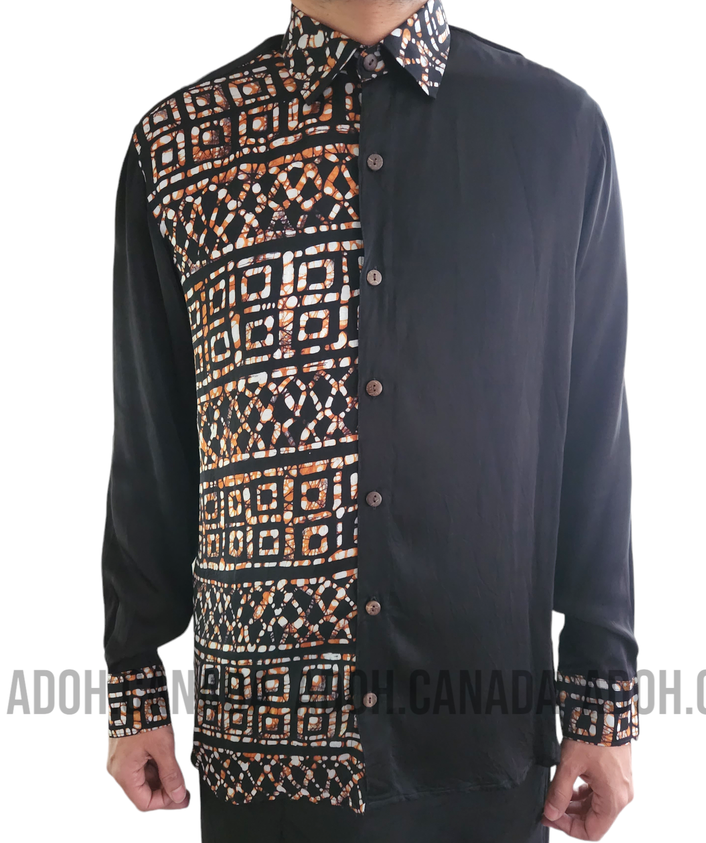 SSH626 - Black Shirt With Brown & White Design | Ceylon Batik | Hand Made | Men's Collection | Silk Shirt | Summer Wear | Party Wear