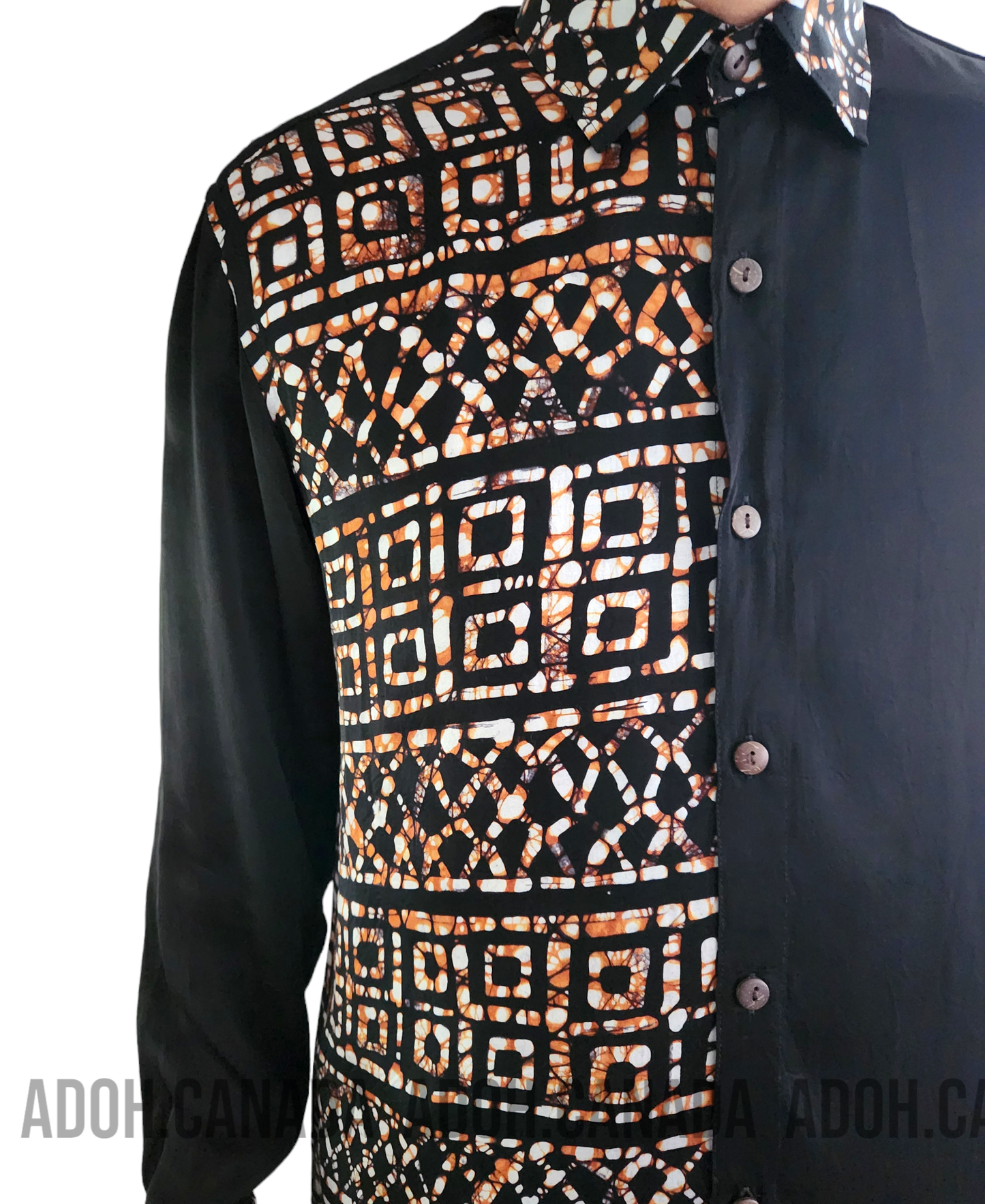 SSH626 - Black Shirt With Brown & White Design | Ceylon Batik | Hand Made | Men's Collection | Silk Shirt | Summer Wear | Party Wear